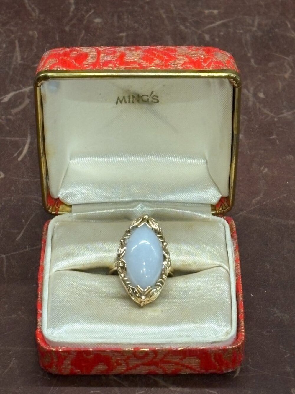 Ming's vintage marquis shaped white jade and 14k gold ring sz 6 in original box